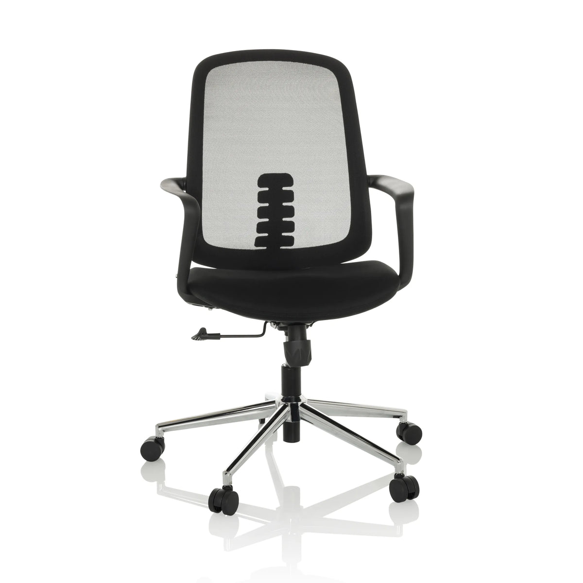 Sedia Home Office SEDIOLO B nera con schienale in rete e base a cinque ruote di hjh OFFICE – vista a 360° (vista frontale 15°)