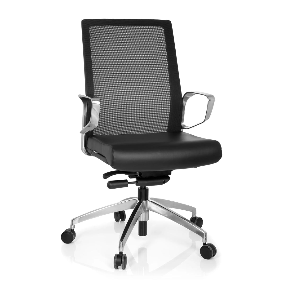 Sedia da ufficio professionale PROVIDER NET nera con schienale in rete e base a cinque ruote di hjh OFFICE – vista a 360° (vista frontale 20°)