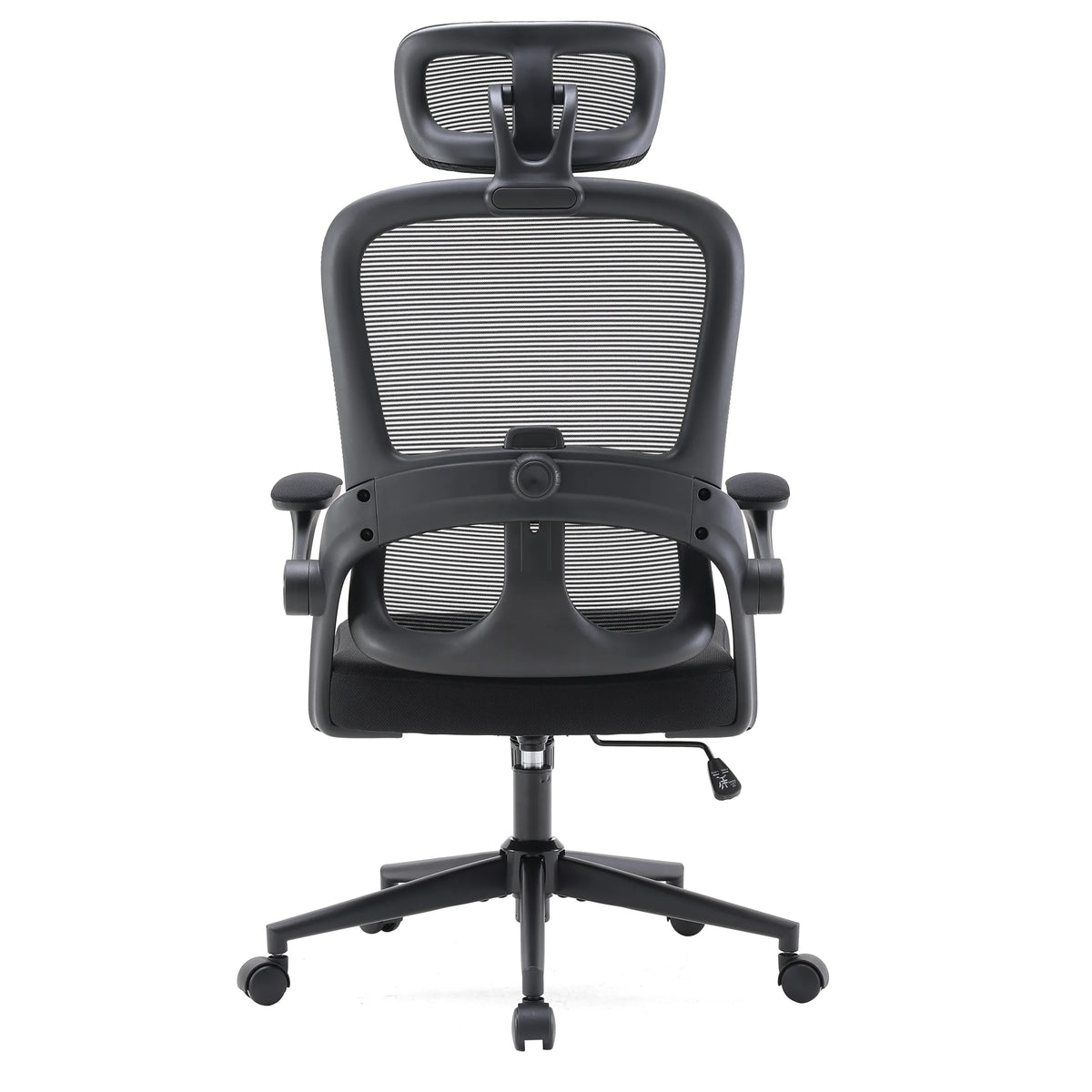 Vista posteriore della sedia da ufficio professionale MC102C-M101 in nero con schienale in rete, poggiatesta e base a ruote di Sihoo