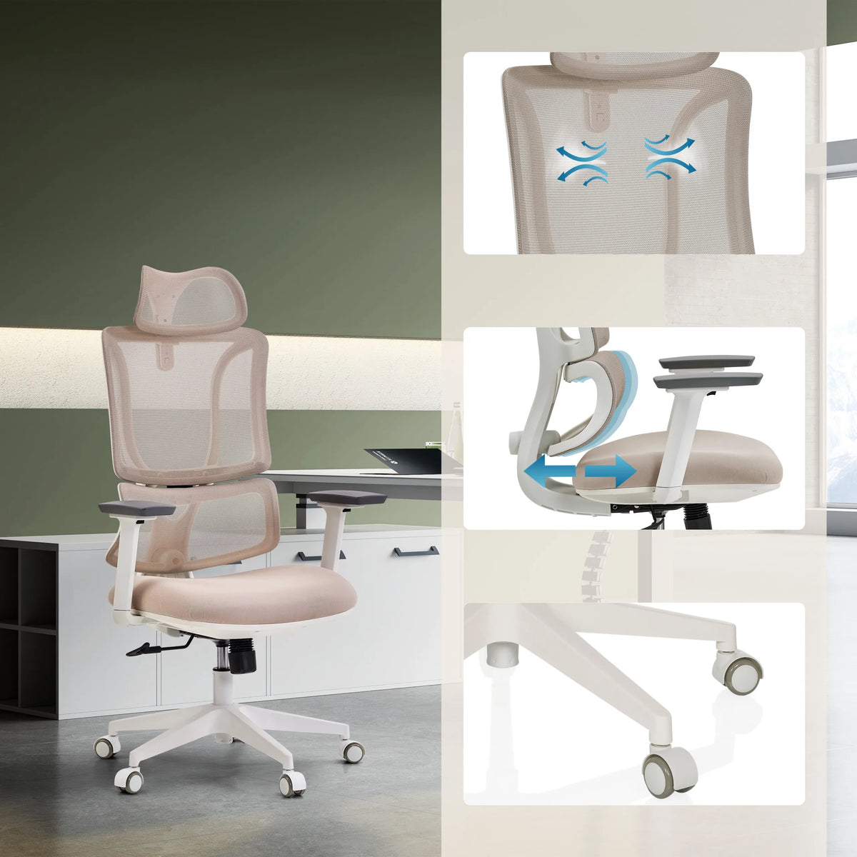 Sedia da ufficio professionale ERGOMY W beige con schienale in rete, profondità del sedile regolabile e base bianca di MyBuero