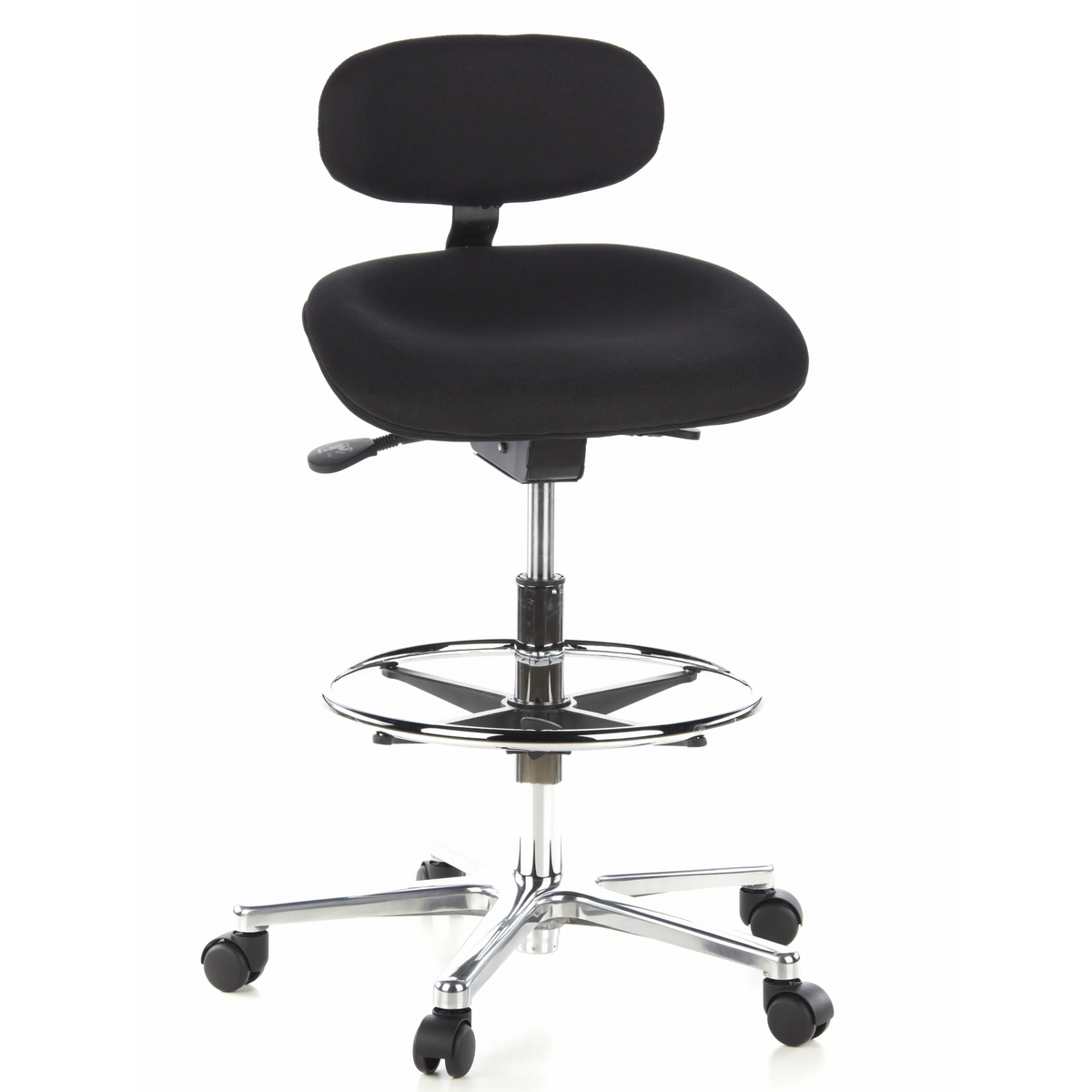 Sedia da banco WORK MF nera con poggiapiedi e base a cinque ruote di hjh OFFICE – vista a 360° (vista frontale 20°)