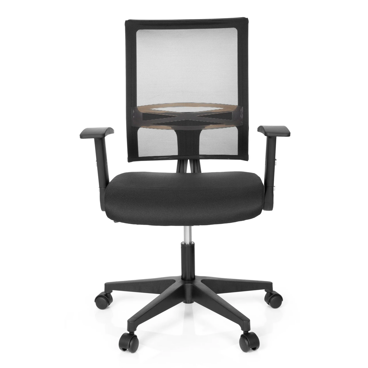 Sedia Home OFFICE R8 nera con schienale in rete e base a cinque ruote di hjh OFFICE – vista a 360° (vista frontale 0°)