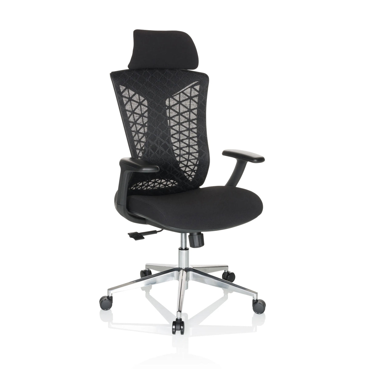 Sedia da ufficio professionale FALEO B nera con schienale in rete e base a cinque ruote di hjh OFFICE – vista a 360° (vista frontale a tre quarti 30°)