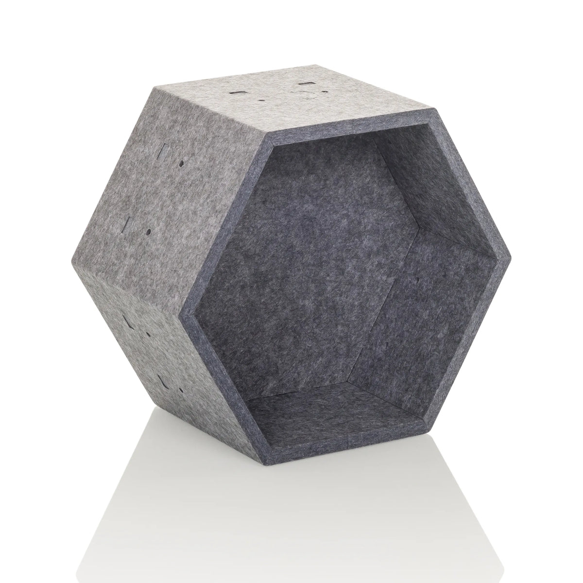 Graue Trennwand FLEXMIUT STORE S in sechseckiger Form aus Filz von hjh OFFICE – 360-Grad-Ansicht (schräge Frontansicht 30°)