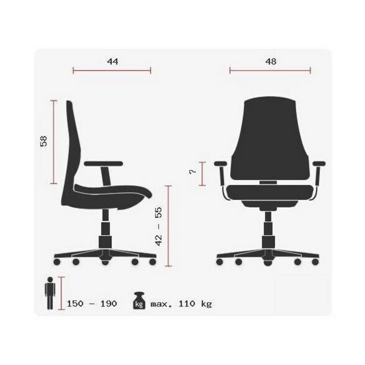 Disegno tecnico della Sedia da ufficio professionale SITNESS 10 con un carico massimo di 110 kg di Topstar