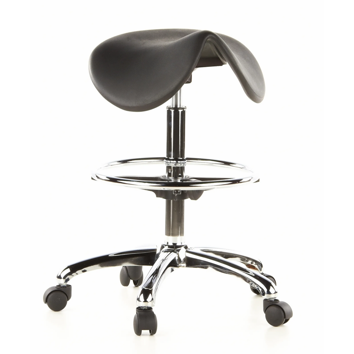Sgabello a sella TOP WORK 13 nero con poggiapiedi e base a cinque ruote di hjh OFFICE – vista a 360° (vista frontale 20°)