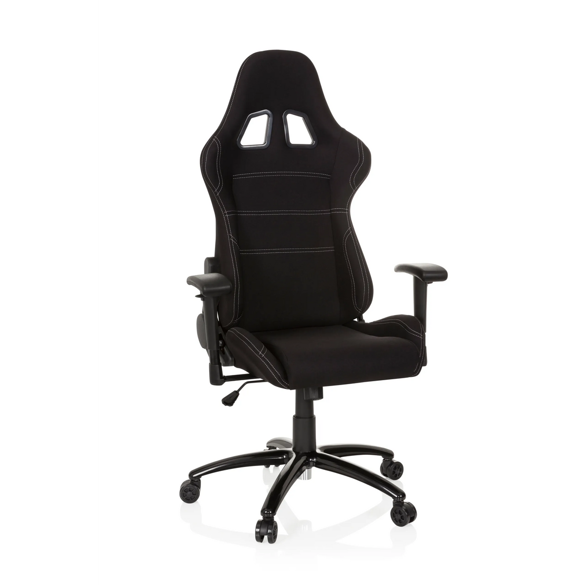 Sedia da gaming nera GAME FORCE con poggiatesta, braccioli e base a cinque ruote di hjh OFFICE – vista a 360° (vista frontale 20°)
