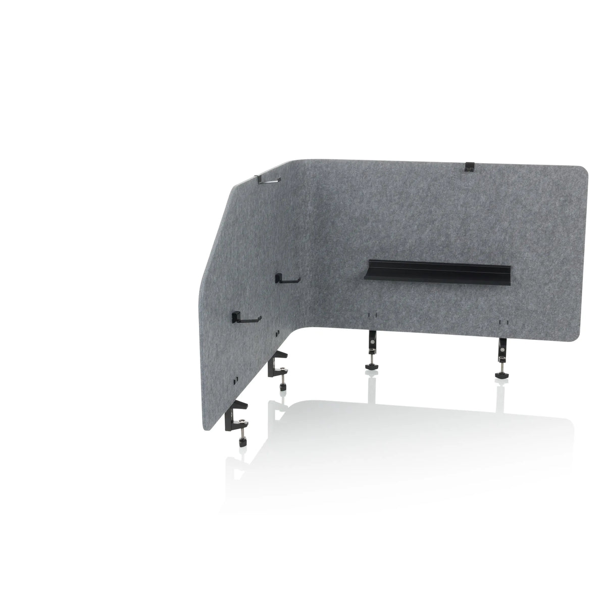 Divisorio per scrivania FLEXMIUT T TOP grigio con ripiano integrato e morsetti di fissaggio di hjh OFFICE – vista a 360° (vista frontale a tre quarti 30°)