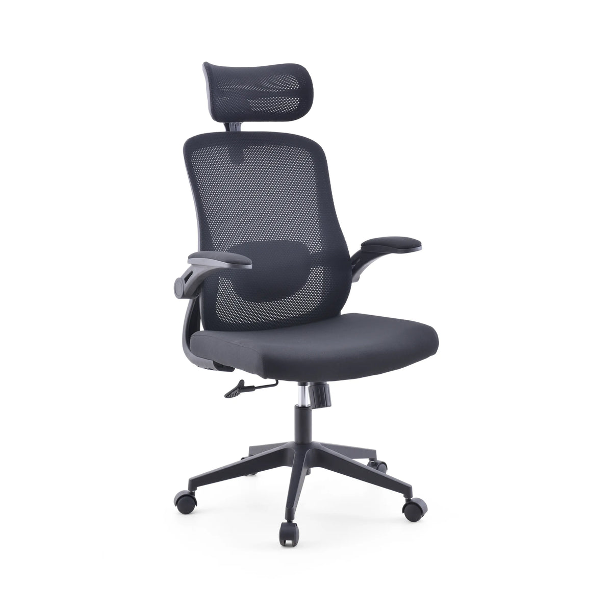 Sedia Home Office Vertuflex nera con schienale in rete e base a cinque ruote di MyBuero – vista a 360° (vista frontale a tre quarti 30°)