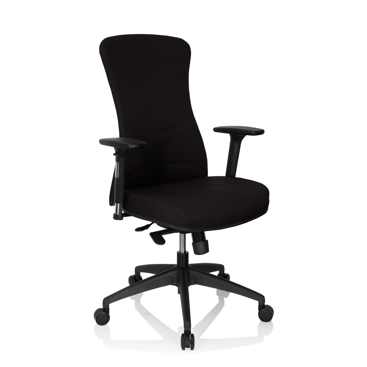 Sedia da ufficio professionale OFFICE XT PRO nera con braccioli e base a cinque ruote di hjh OFFICE – vista a 360° (vista frontale a tre quarti 40°)