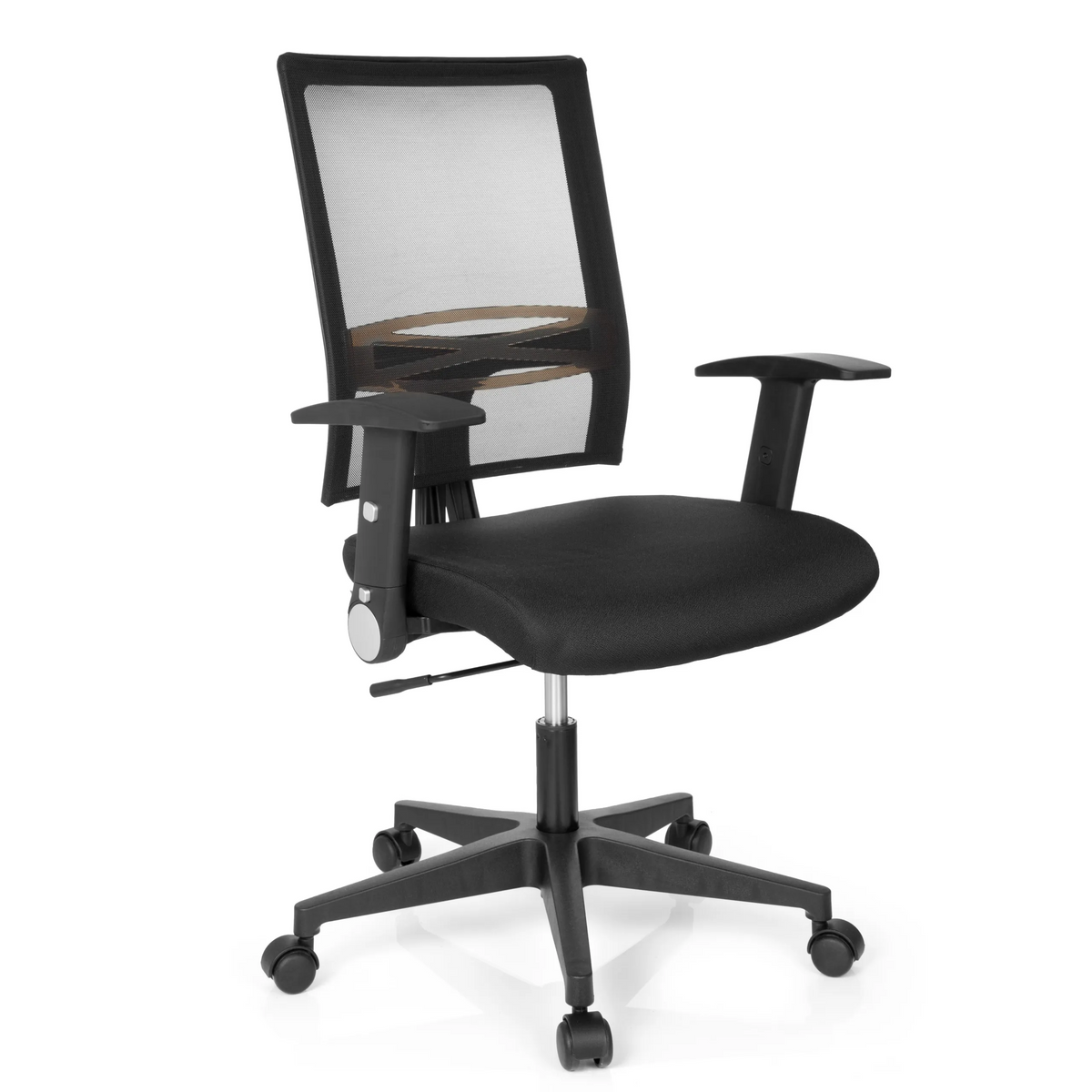 Sedia Home OFFICE R8 nera con schienale in rete e base a cinque ruote di hjh OFFICE – vista a 360° (vista frontale a tre quarti 40°)