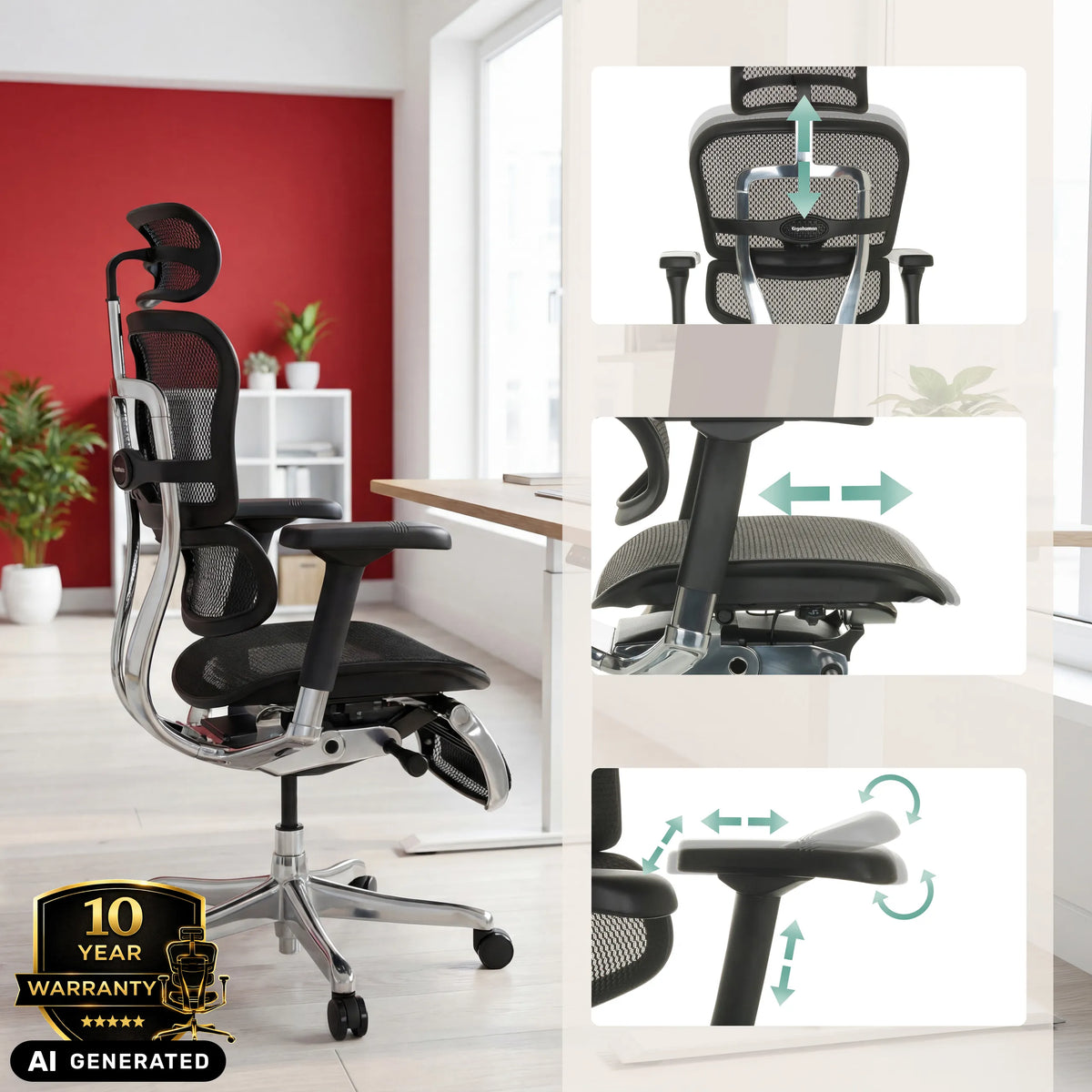 Poggiatesta e braccioli regolabili della poltrona di lusso ERGOHUMAN PLUS LEGPRO GEN2 di hjh OFFICE (immagine generata dall’IA)