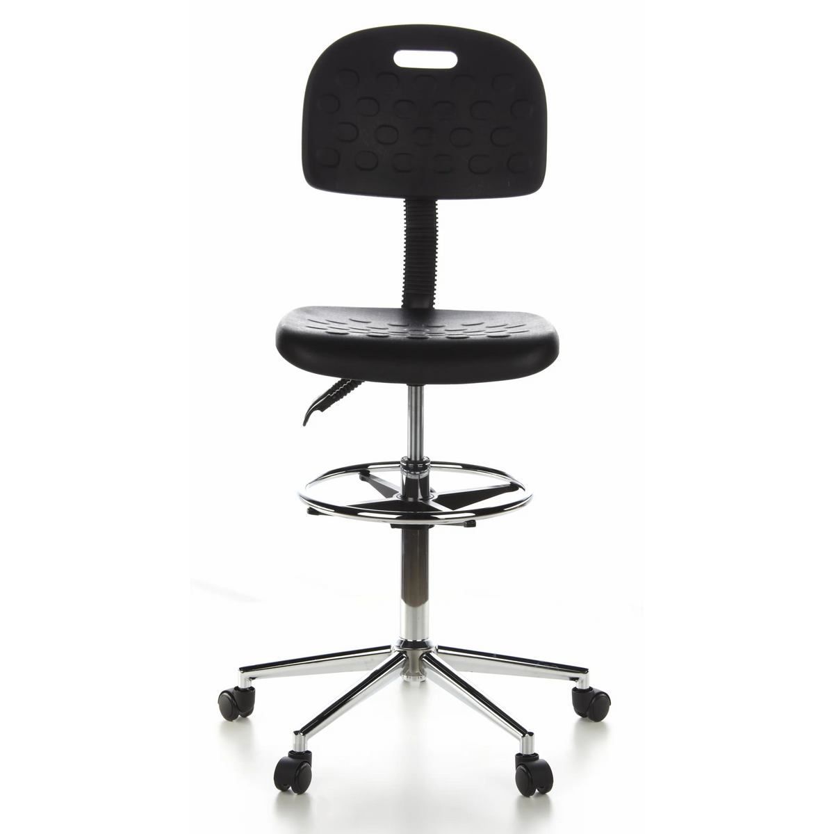Sedia da banco nera TOP WORK 23 con poggiapiedi e base a cinque ruote di hjh OFFICE – vista a 360° (vista frontale 0°)