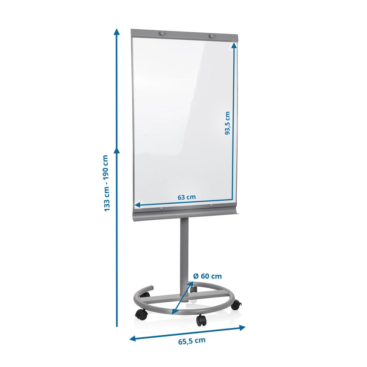 Disegno dimensionale della Lavagna bianca MULTIBOARD con un'altezza da 133 a 190 cm di hjh OFFICE