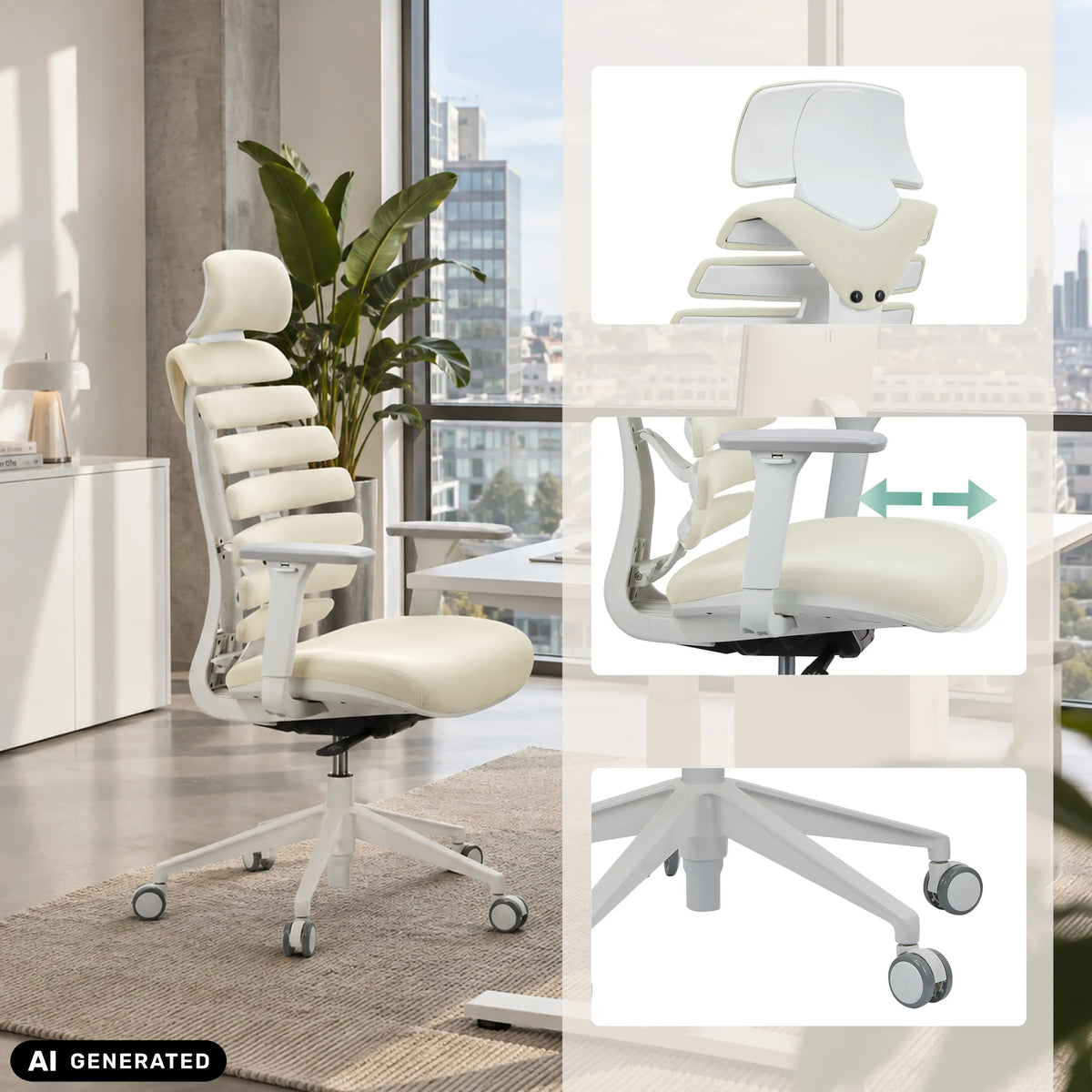 Sedia da ufficio professionale ERGO LINE W bianca con braccioli regolabili e base a stella con ruote di hjh OFFICE (immagine generata dall’IA)