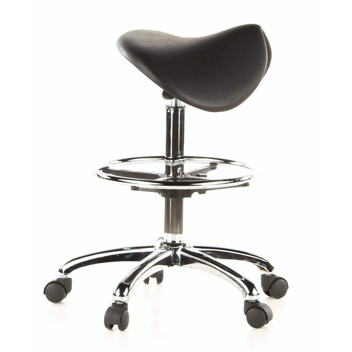 Sgabello a sella TOP WORK 13 nero con poggiapiedi e base a cinque ruote di hjh OFFICE – vista a 360° (profilo laterale 80°)