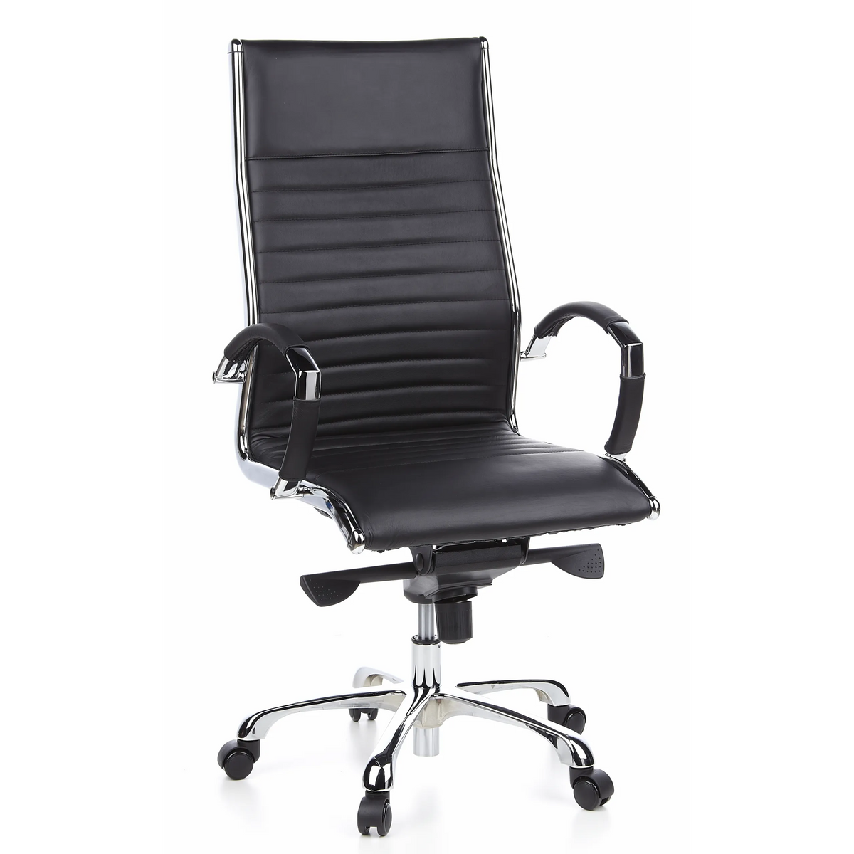 Poltrona professionale PARMA 20 nera con rivestimento in pelle trapuntata e base a cinque ruote di hjh OFFICE – vista a 360° (vista frontale 20°)