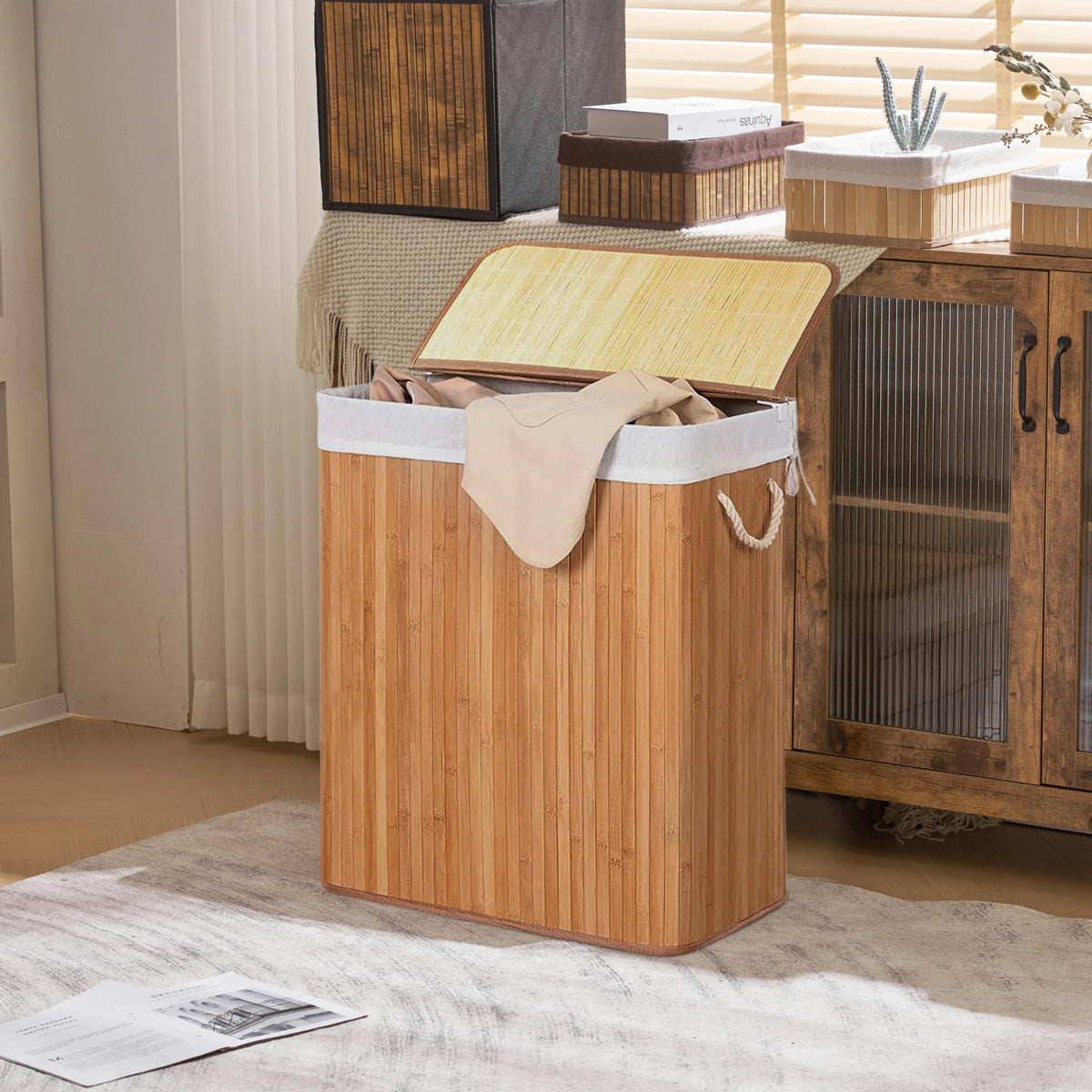 Cesto per il bucato marrone FALSTER XL B con coperchio in bambù e maniglie integrate di hjh LIVING