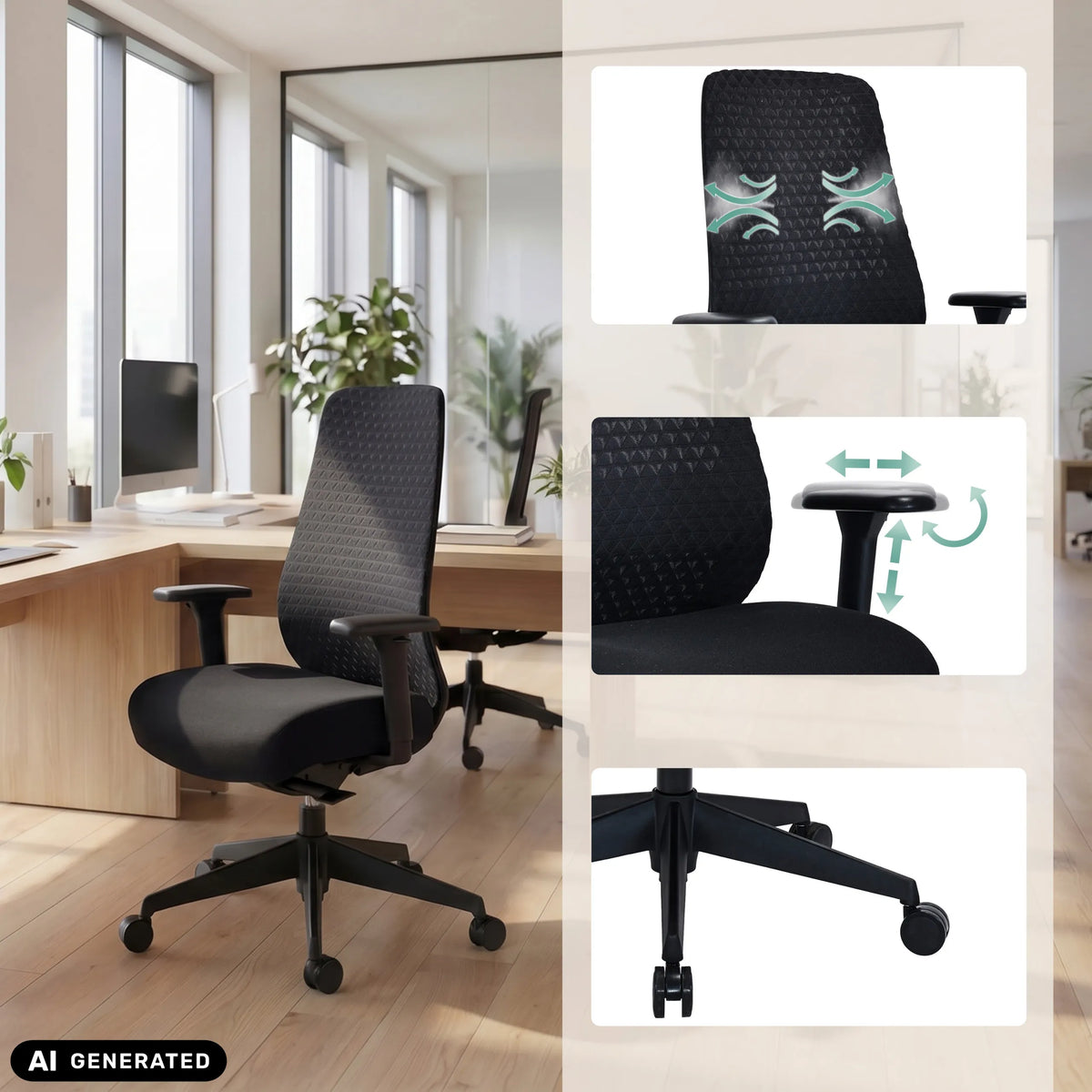 Sedia da ufficio professionale Verviq in nero con braccioli regolabili e base a stella di hjh OFFICE (immagine generata dall’IA)