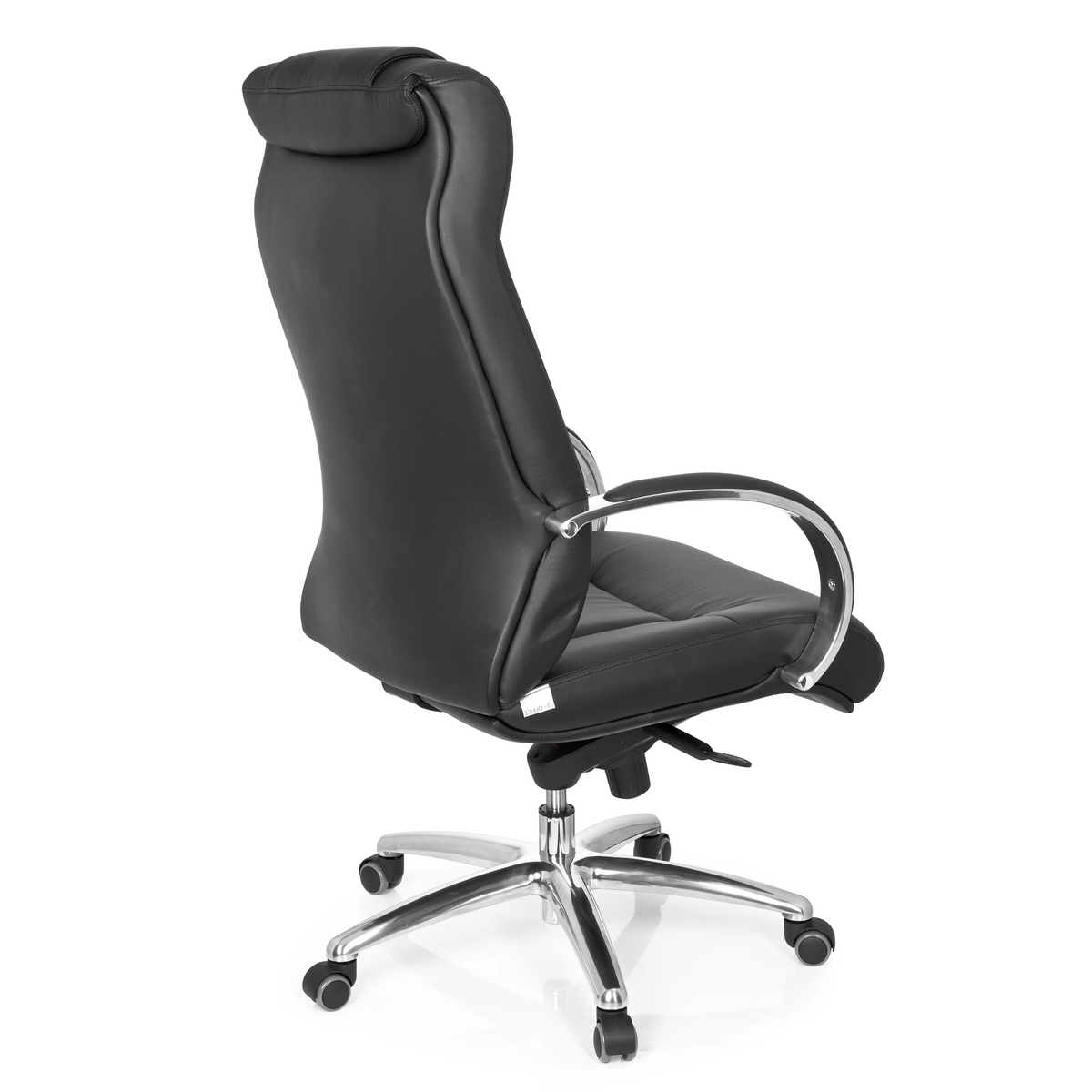 Schwarzer Drehstuhl XXL G 600 mit Armlehnen und Fußkreuz mit fünf Rollen von hjh OFFICE – 360-Grad-Ansicht (schräge Rückenansicht 120°)