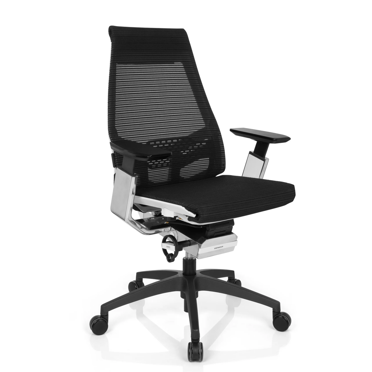 Sedia da ufficio professionale GENIDIA SMART WHITE CM nera con schienale in rete e base a cinque ruote di hjh OFFICE – vista a 360° (vista frontale a tre quarti 40°)