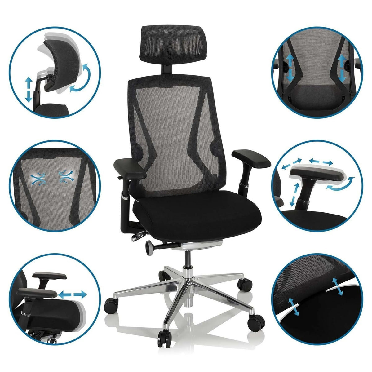 High-end Sedia da ufficio INSPERO in nero con braccioli e poggiatesta regolabili di hjh OFFICE