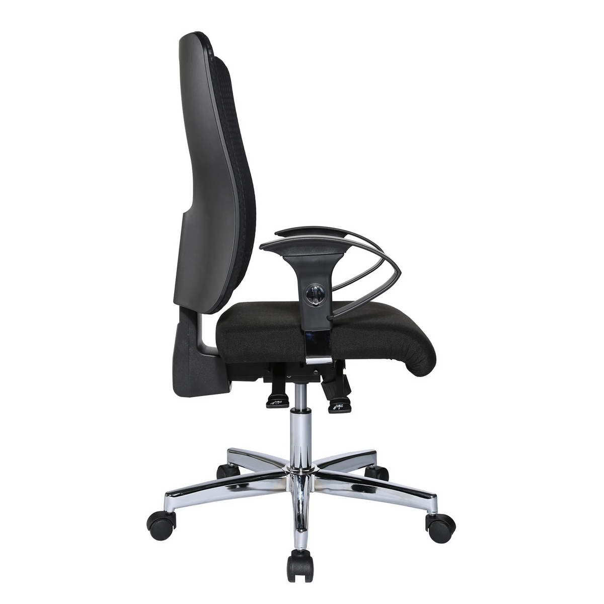 Sedia da ufficio professionale HJH SITNESS WORK nera con schienale in rete, braccioli e base a cinque ruote di Topstar – vista a 360° (vista posteriore a tre quarti 120°)