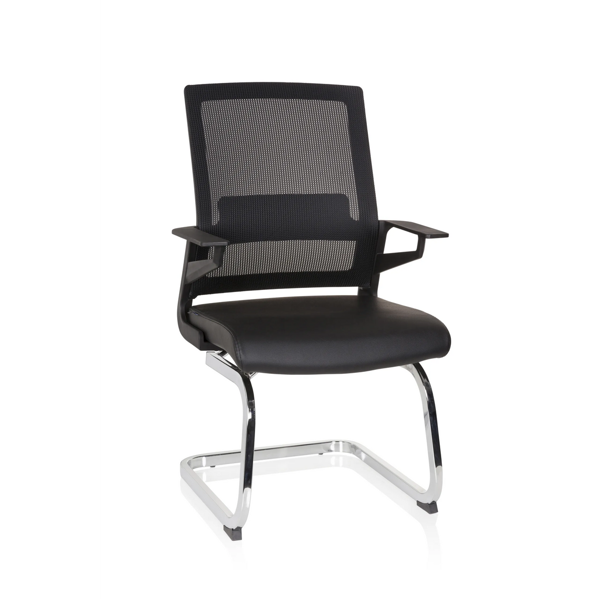 Sedia a sbalzo INVENTOR V PRO nera con schienale in rete, braccioli e base a slitta di hjh OFFICE – vista a 360° (vista frontale 20°)