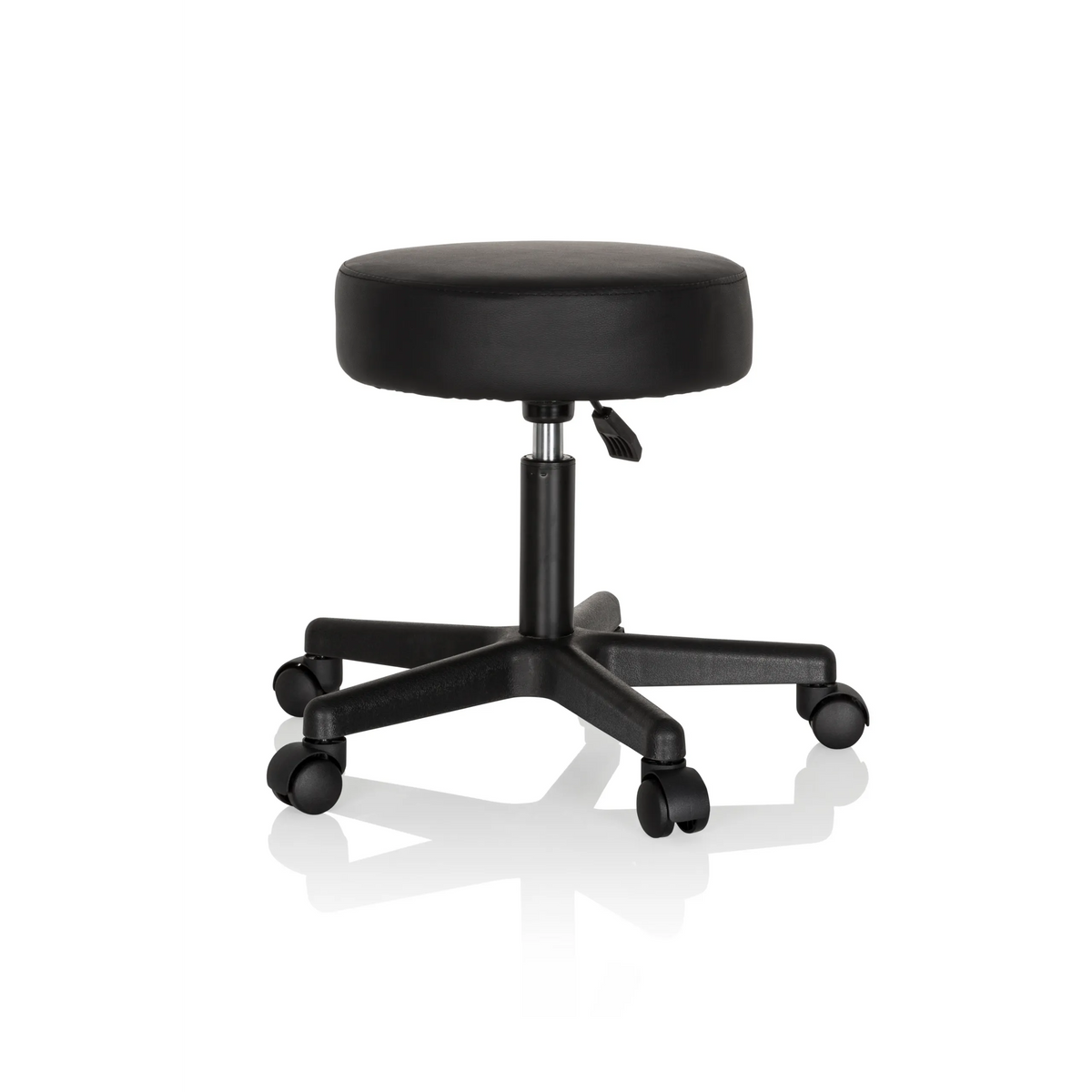 Sgabello girevole nero OPERATOR I con seduta imbottita e base a cinque ruote di hjh OFFICE – vista a 360° (vista frontale a tre quarti 60°)