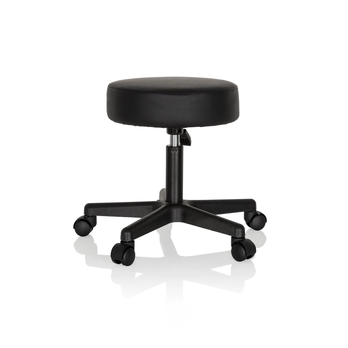 Sgabello girevole nero OPERATOR I con seduta imbottita e base a cinque ruote di hjh OFFICE – vista a 360° (profilo laterale 80°)