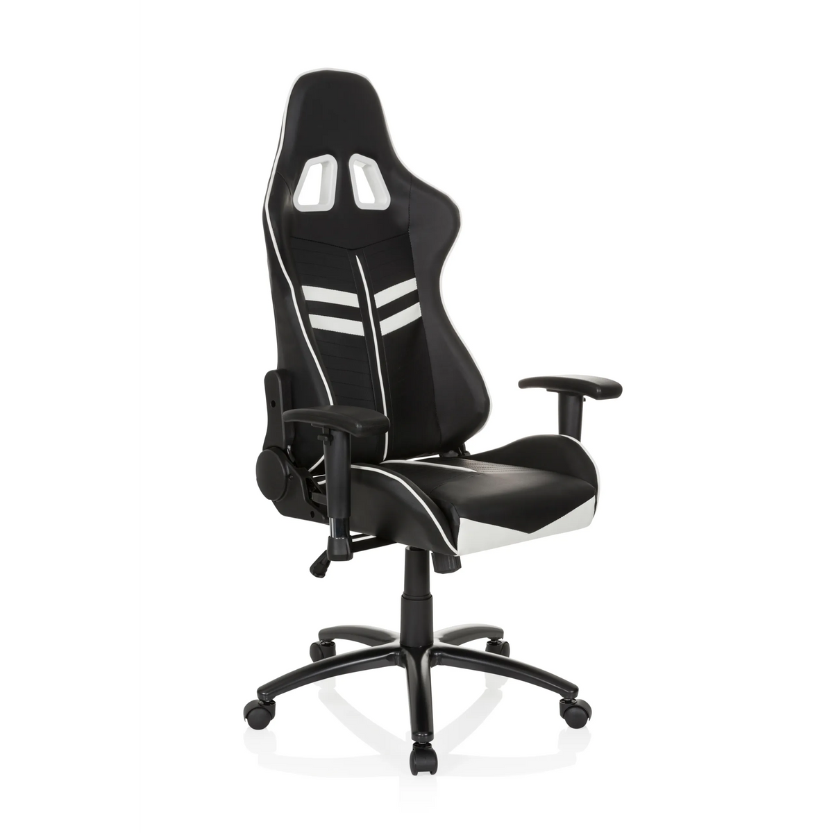 Sedia da gaming LEAGUE PRO bianca e nera con poggiatesta e base a cinque ruote di hjh OFFICE – vista a 360° (vista frontale a tre quarti 40°)