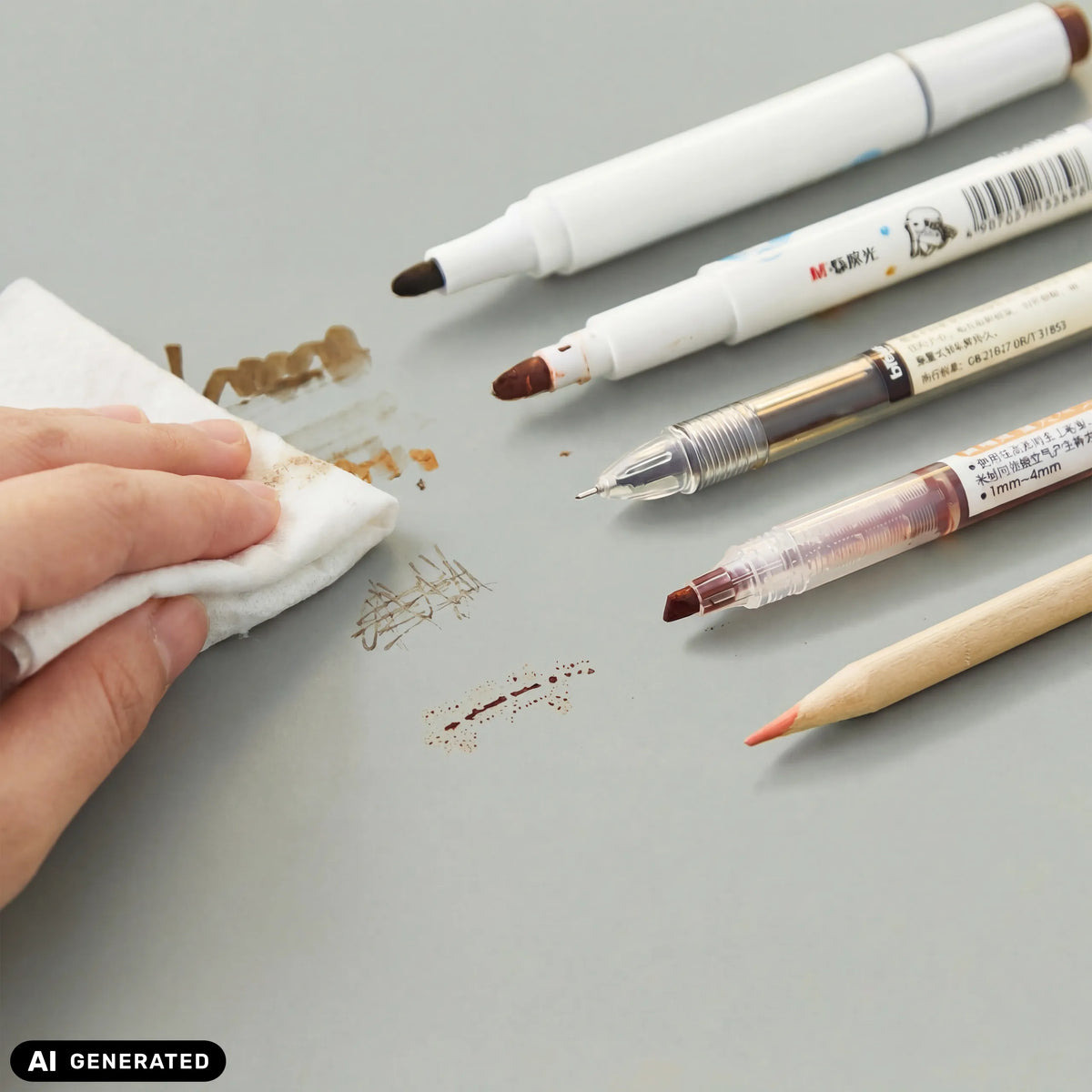 Superficie del sottomano da scrivania Padflux Clean durante la pulizia dei pennarelli di hjh OFFICE (immagine generata dall’IA)