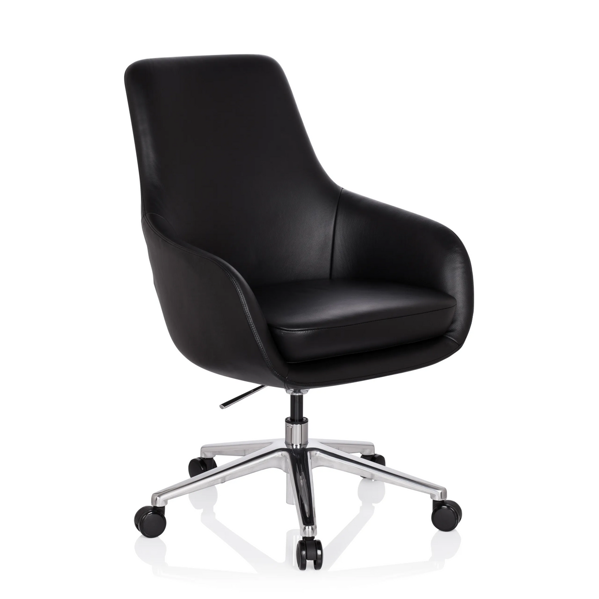 Poltrona professionale BARENO nera con rivestimento in pelle e base a cinque ruote di hjh OFFICE – vista a 360° (vista frontale a tre quarti 40°)