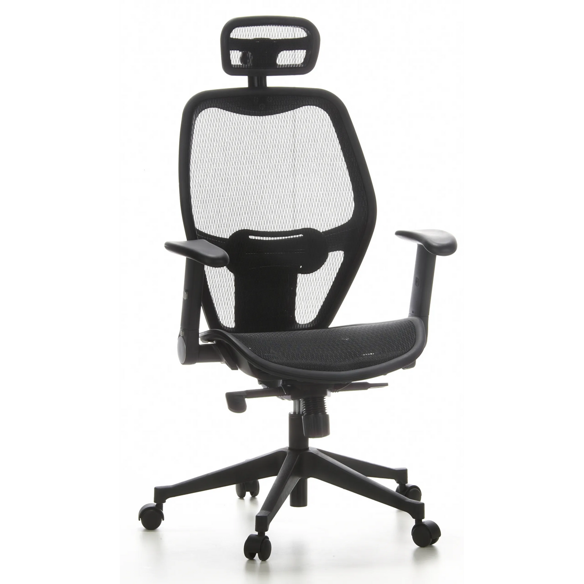 Sedia da ufficio professionale AIR-PORT nera con schienale in rete, poggiatesta e base a cinque ruote di hjh OFFICE – vista a 360° (vista frontale 20°)