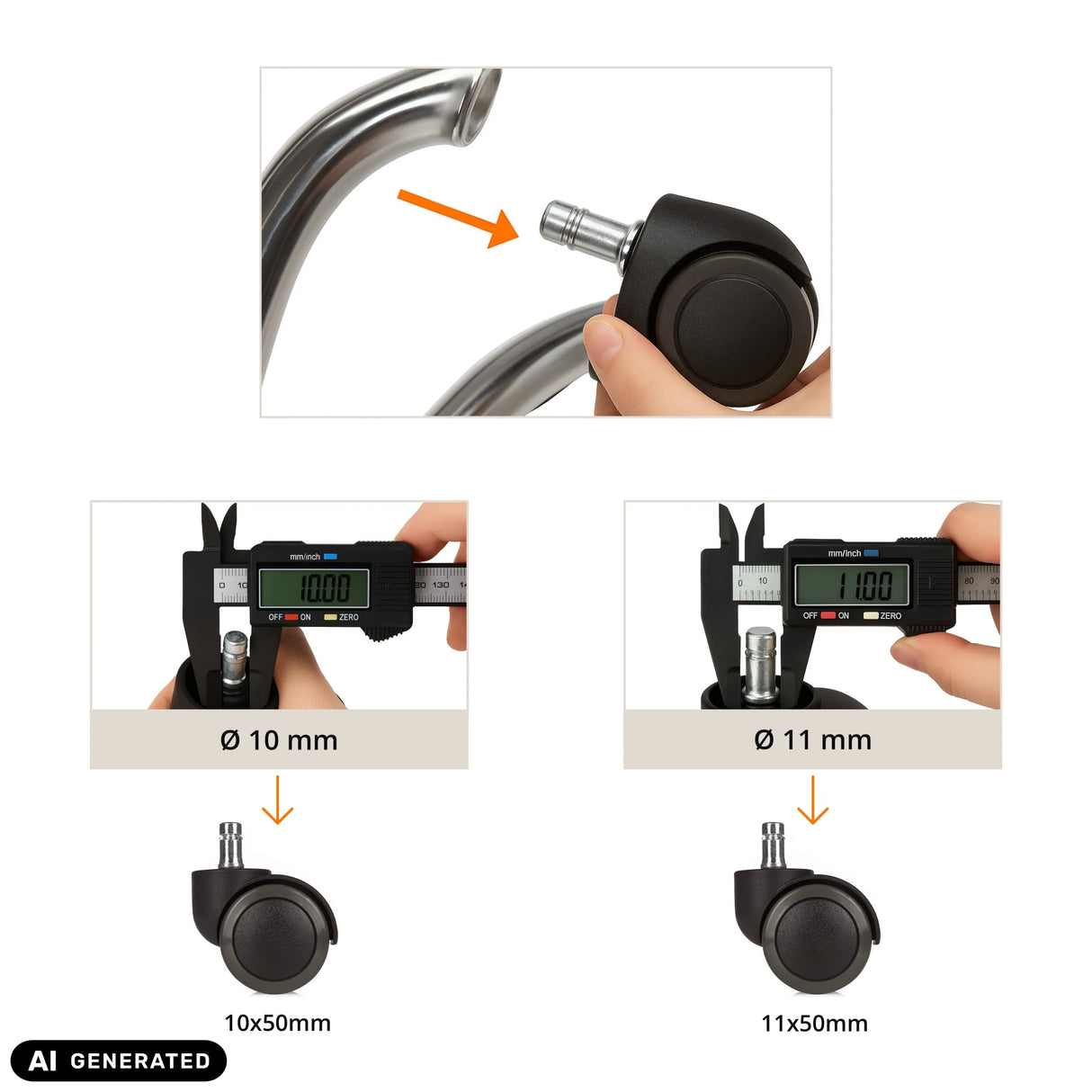 Confronto delle dimensioni delle rotelle per sedia 5x ROLO No-Noise 11mm/50mm da 10 mm e 11 mm di hjh OFFICE (immagine generata dall’IA)