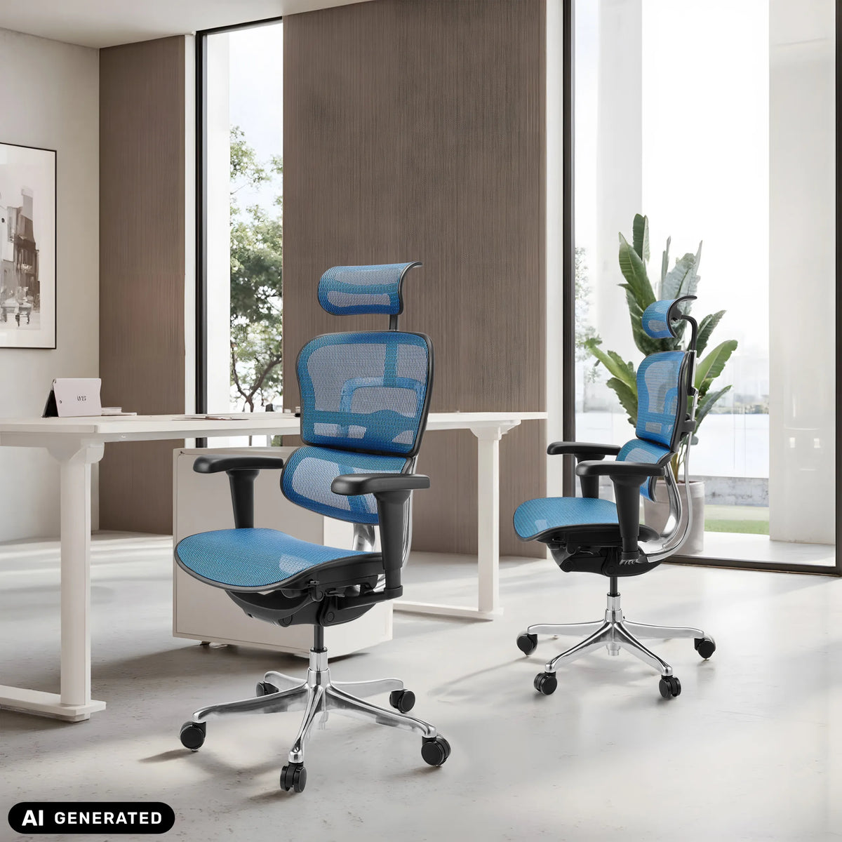 Due poltrone di lusso ERGOHUMAN ULTRA GEN2 blu con rivestimento in rete in un ufficio di hjh OFFICE (immagine generata dall’IA)