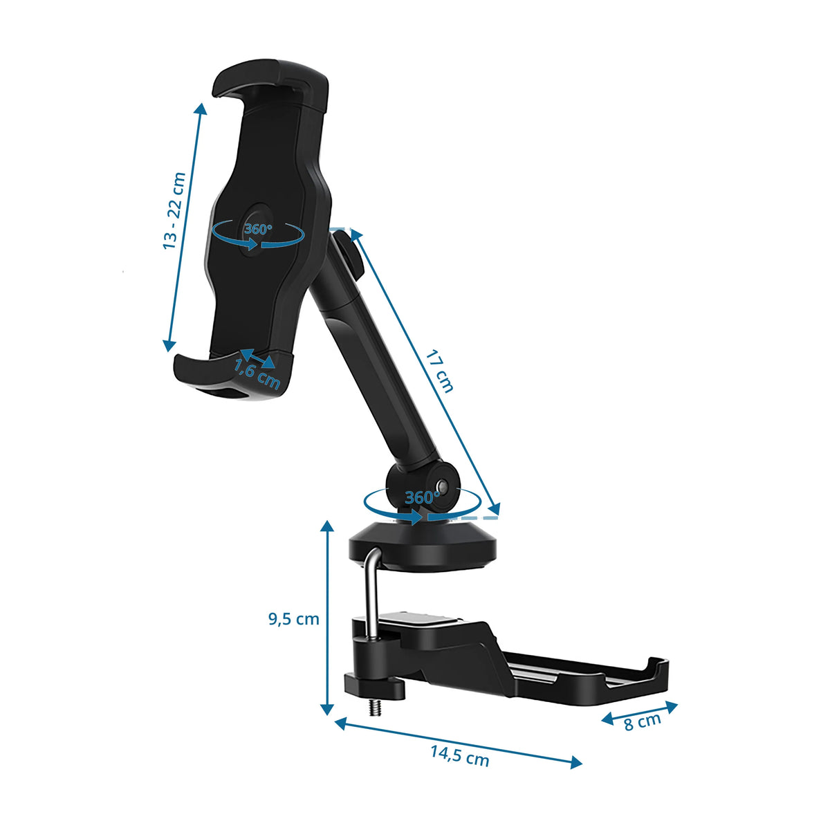 Disegno tecnico del Supporto per cellulare e tablet FLEXMOBI III con un'altezza di 17 cm di hjh OFFICE