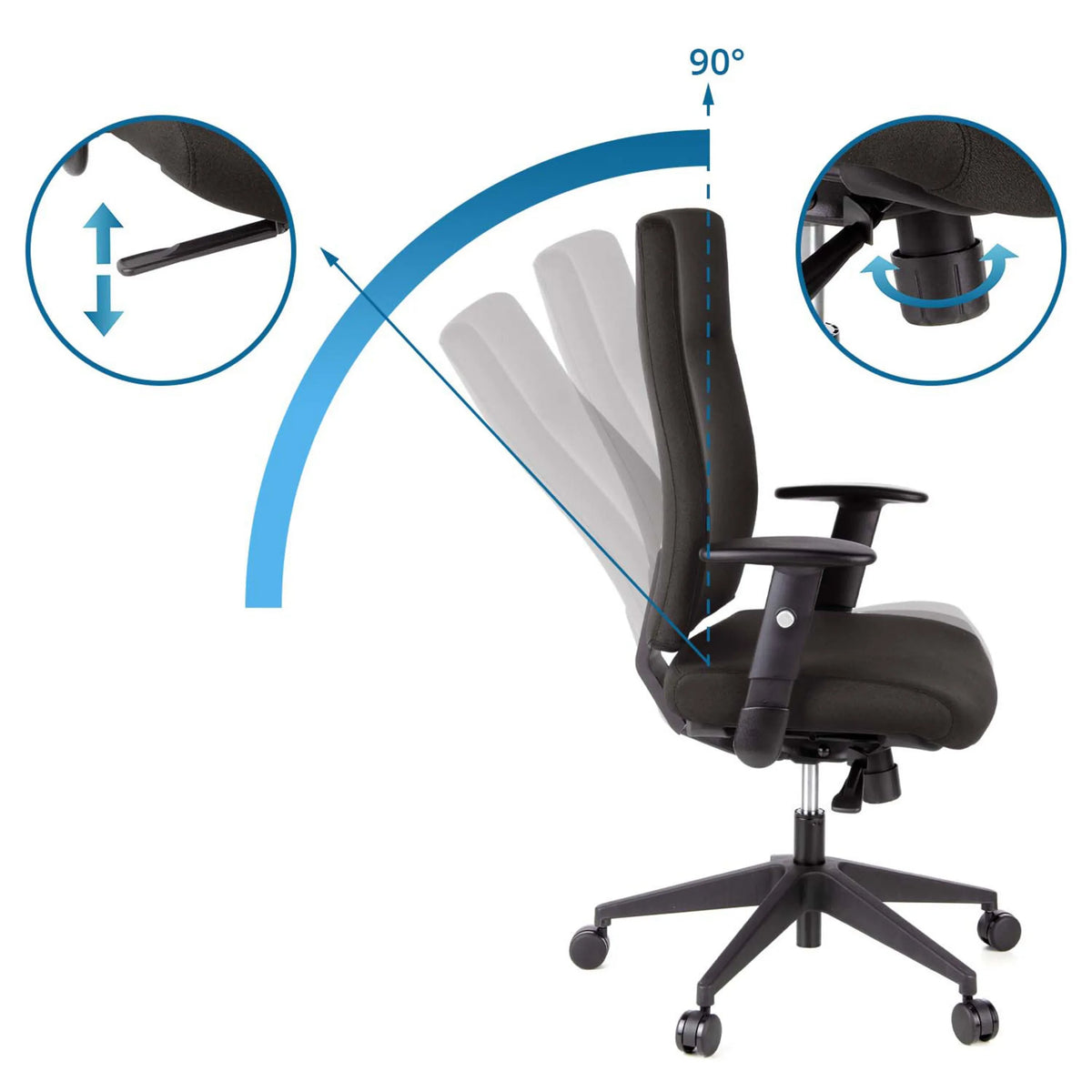 Schienale regolabile con posizione a 90° della sedia da ufficio professionale PRO-TEC 300 in nero di hjh OFFICE