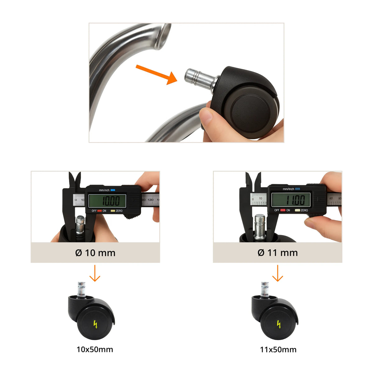 Istruzioni di misurazione per i diametri del perno di 10 mm e 11 mm delle rotelle per sedia 5x ROLO ESD 11mm/50mm di hjh OFFICE