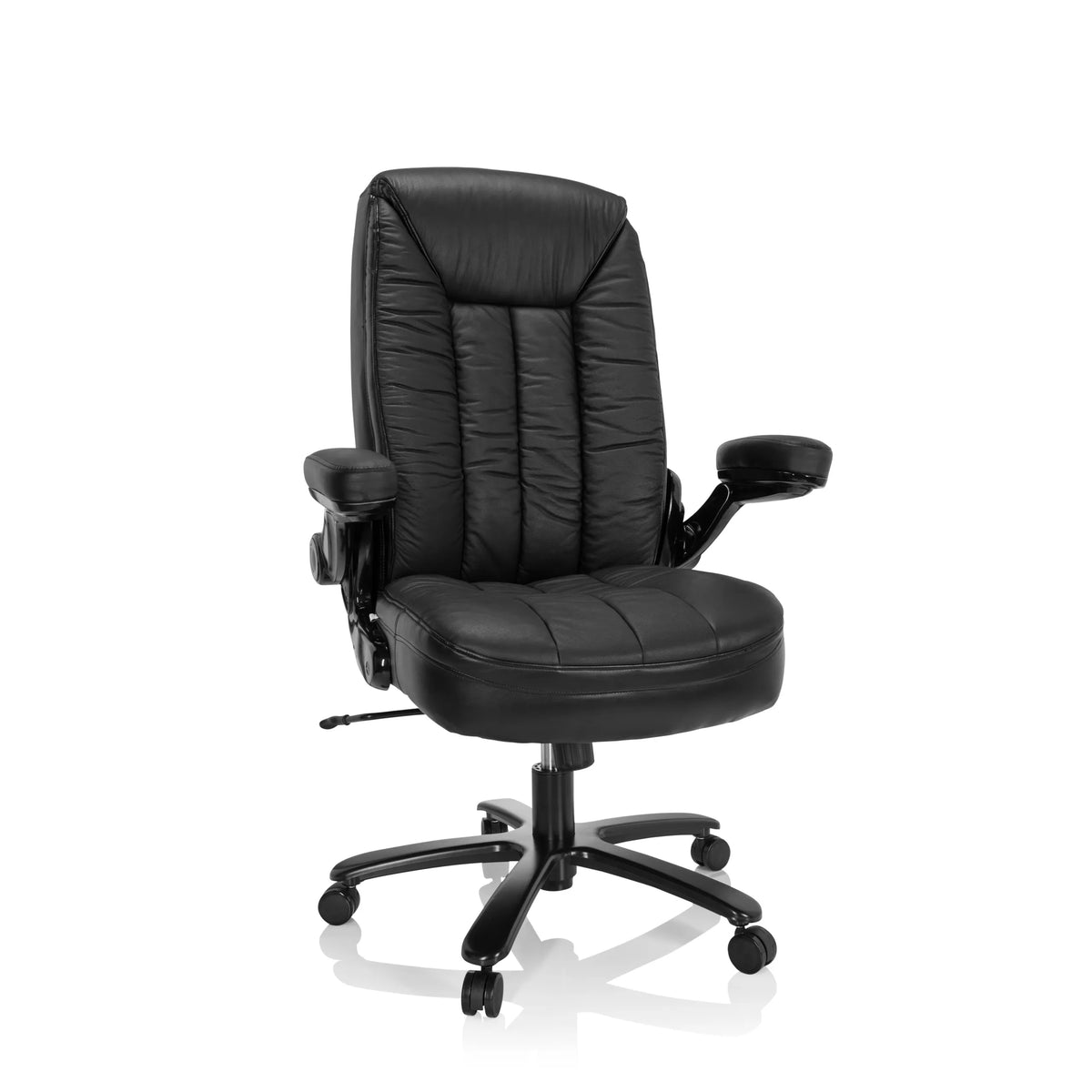 Sedia girevole XXL INSTRUCTOR III nera in pelle con base a stella e cinque ruote di hjh OFFICE – vista a 360° (vista frontale 20°)