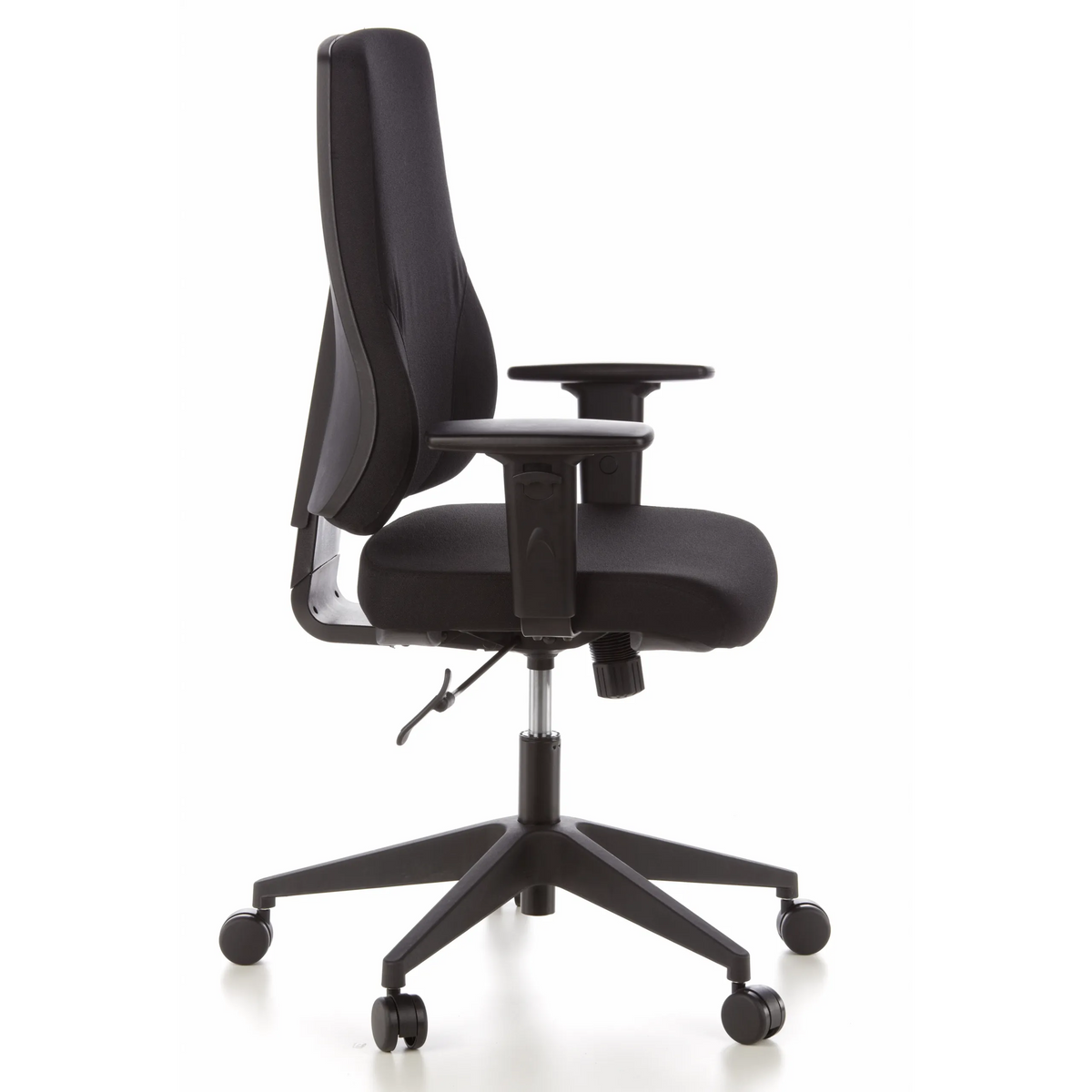 Sedia da ufficio professionale PRO-TEC 100 nera con braccioli e base a cinque ruote di hjh OFFICE – vista a 360° (profilo laterale 80°)