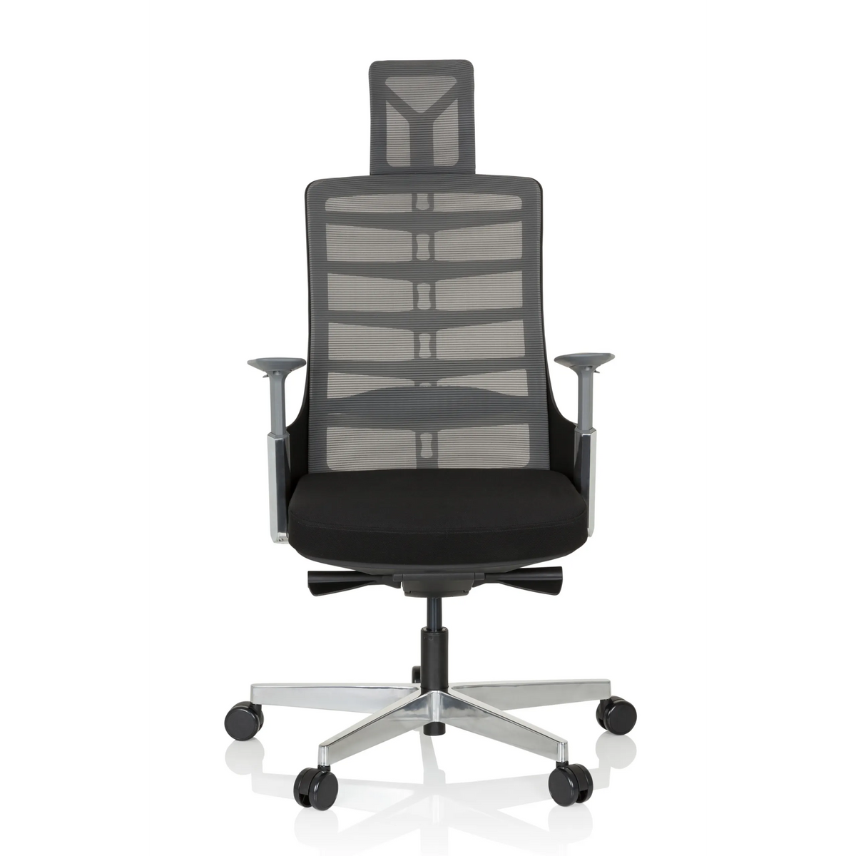 High-end Sedia da ufficio SKARIF nero-grigia con schienale in rete e base a cinque ruote di hjh OFFICE – vista a 360° (vista frontale 0°)
