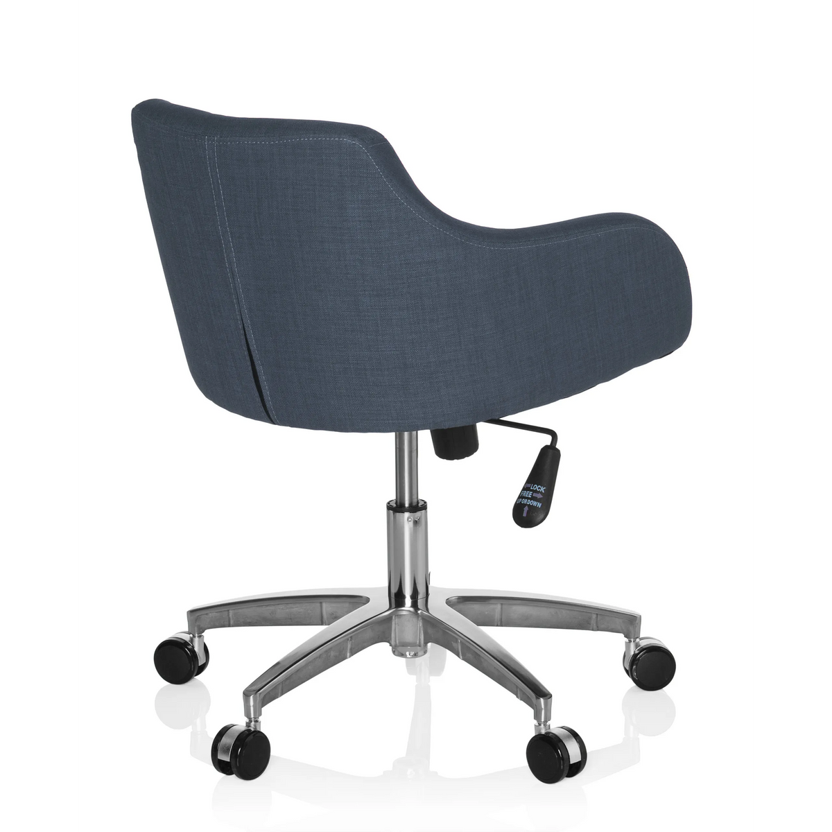 Sedia Home Office SOLAO 100 grigio scuro con scocca imbottita e base a cinque ruote di hjh OFFICE – vista a 360° (vista posteriore a tre quarti 140°)