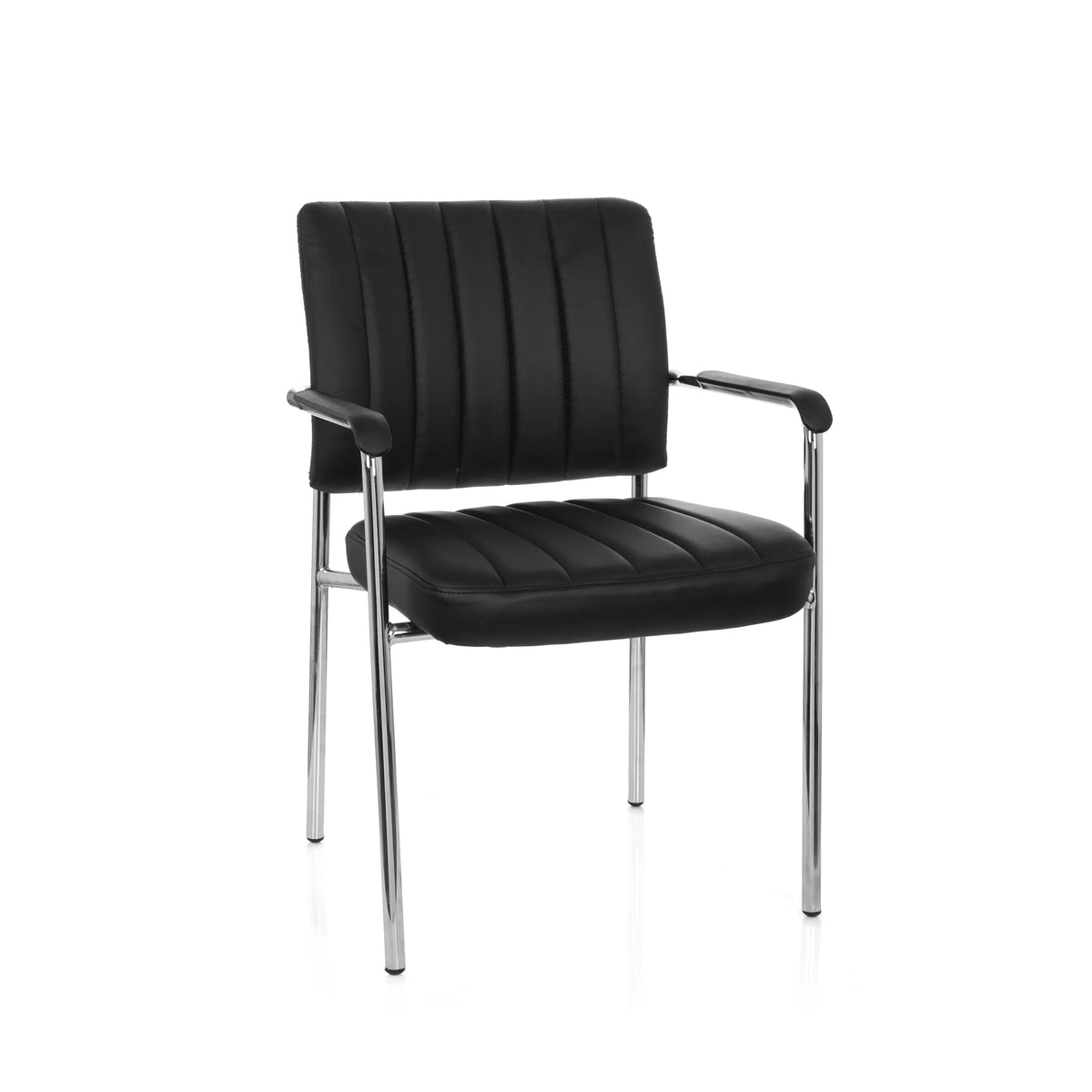 Sedia a quattro gambe SOMOS V nera con rivestimento in ecopelle, imbottitura trapuntata e braccioli di hjh OFFICE – vista a 360° (vista frontale 20°)