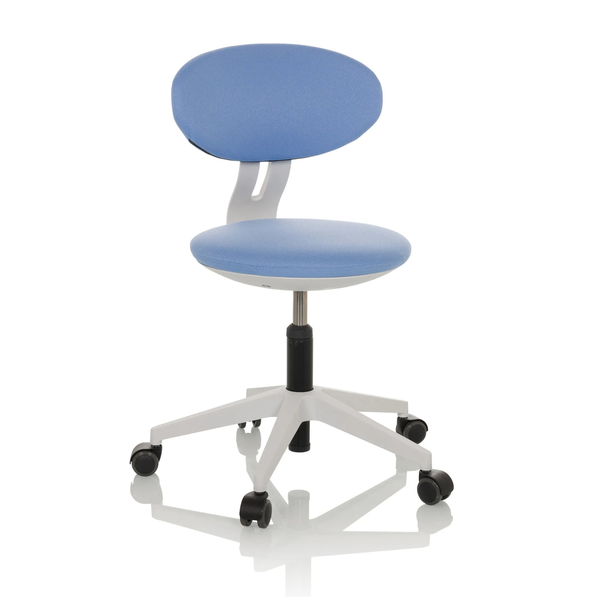 Sedia girevole per bambini MINIMOVO blu con base bianca e cinque rotelle di hjh OFFICE – vista a 360° (vista frontale 15°)