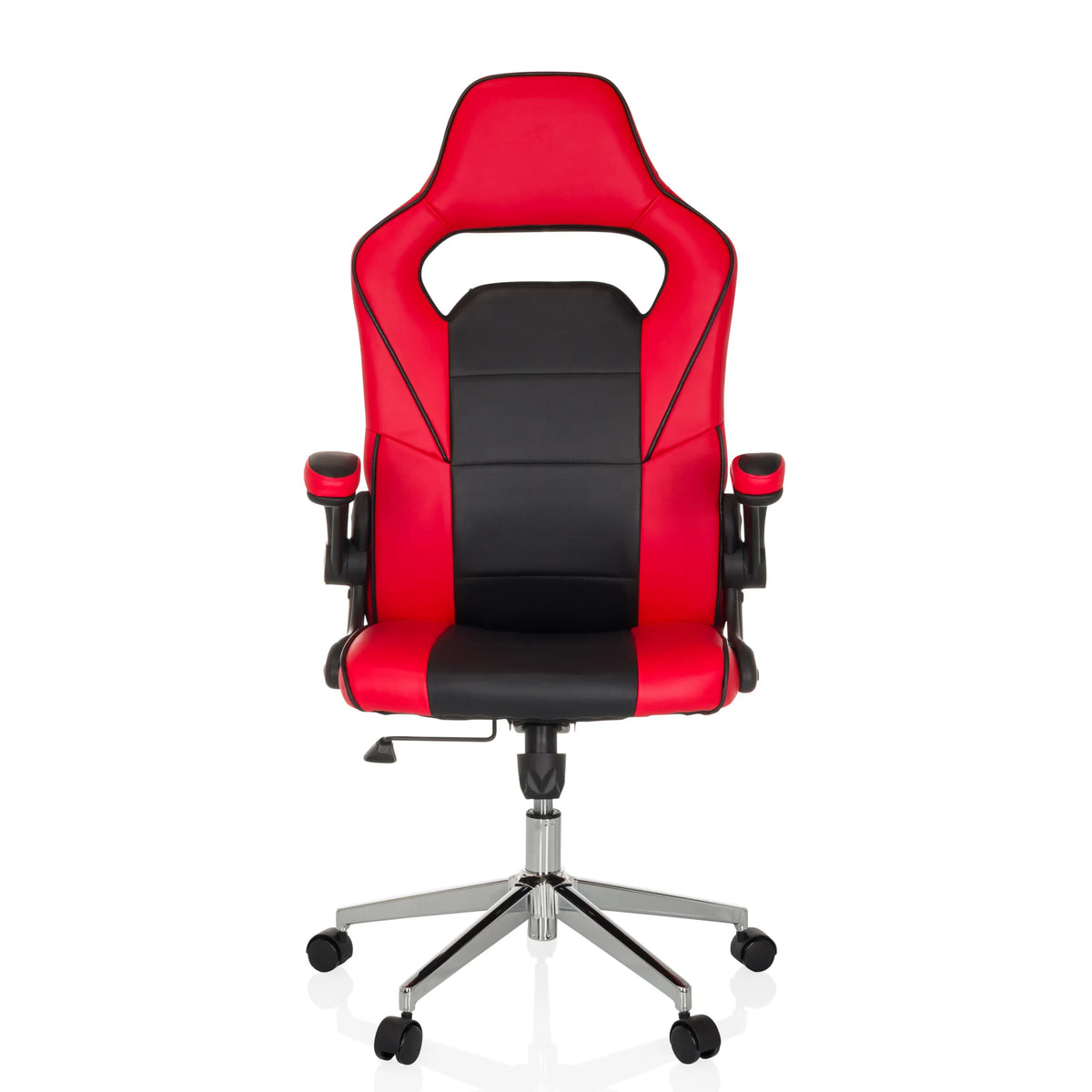 Sedia da gaming GAME SPORT PRO rosso-nera con braccioli e base a cinque ruote di MyBuero – vista a 360° (vista frontale 0°)