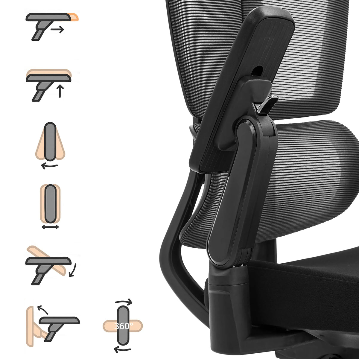 Bracciolo regolabile in quattro dimensioni della sedia da ufficio professionale Ergo U2 Flex3 con diagrammi funzionali di hjh OFFICE