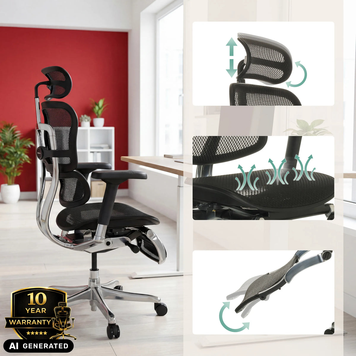 Poggiatesta regolabile e rivestimento in rete della poltrona di lusso ERGOHUMAN PLUS LEGPRO GEN2 di hjh OFFICE (immagine generata dall’IA)