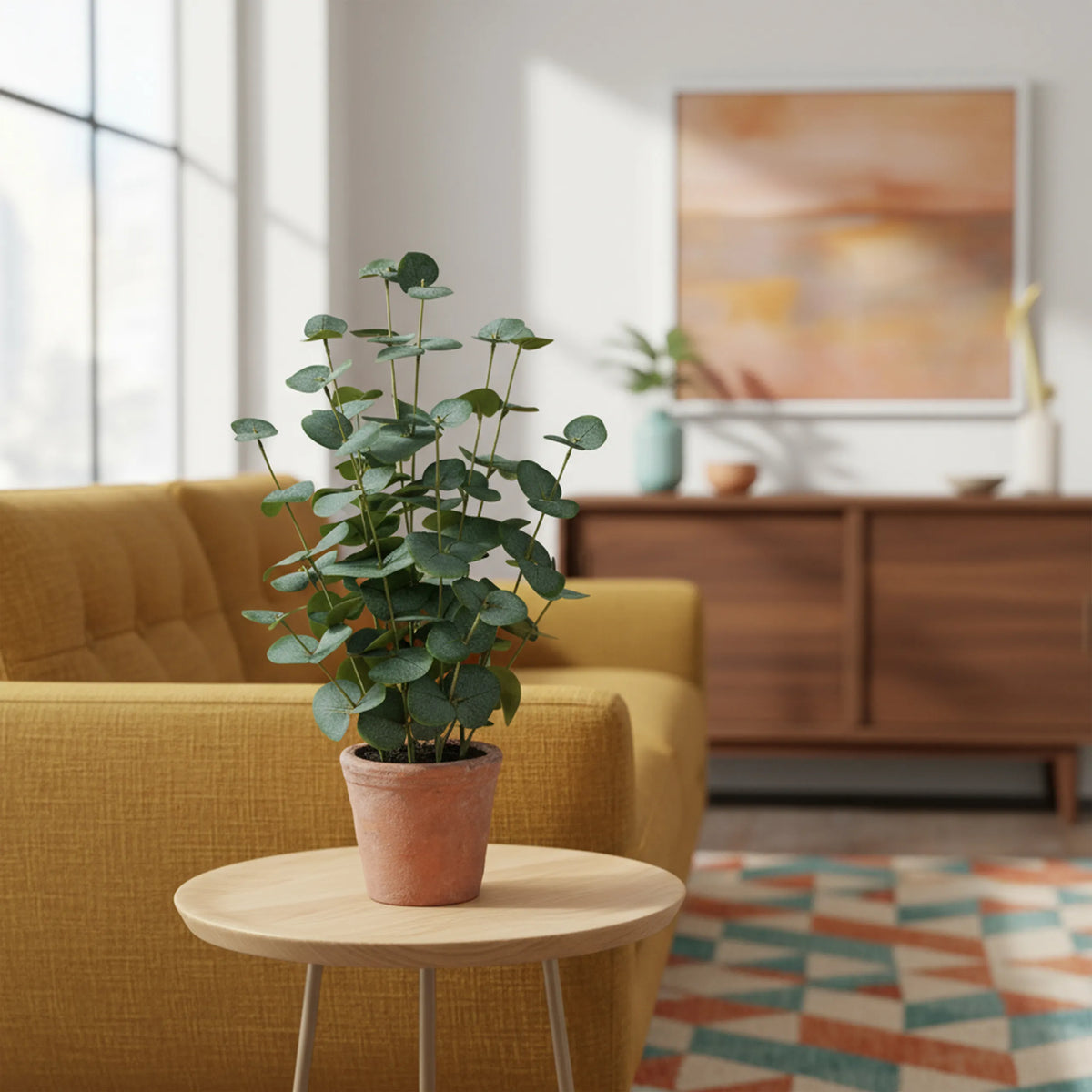 Piante artificiali verdi Eucalyptus in un vaso color terracotta su un tavolino di hjh OFFICE