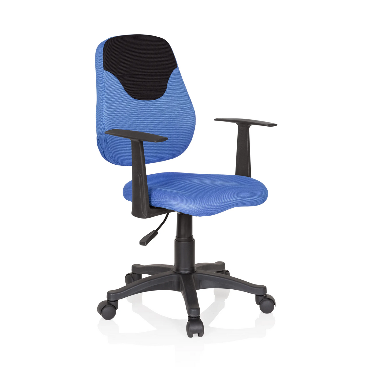 Sedia girevole per bambini KIDDY STYLE blu con schienale in rete, braccioli e base a cinque ruote di hjh OFFICE – vista a 360° (vista frontale a tre quarti 40°)